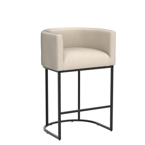 Image of LUE BONA Counter Height Bar Stools Set of 2, Modern Barrel Counter Stools with Backrest and Arms, Black Metal Frames, Linen Fabric Upholstered Accent Barstools for Kitchen Island, Linen Color