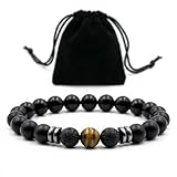 BRACO Pulsera de Piedra Volcanica para Hombre o Mujer. Pulsera Negra Turmalina Ojo de Tigre. Piedras Naturales. Pulsera elástica con Bolitas de Piedras con Bolsa de Regalo