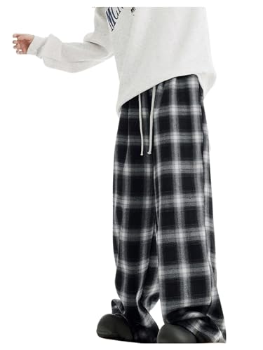 OYOANGLE Women's Plaid Print Pants Drawstring Elastic Waisted Wide Leg Casual Pants3
