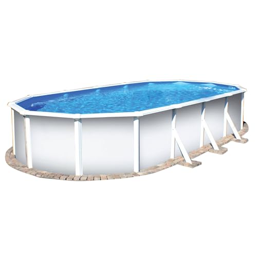 Planet Pool Piscina da parete in acciaio, forma ovale, classica, 610 x 360 x 120 cm, in acciaio 0,4 mm, bianco, pellicola 0,3 mm, blu, overlap
