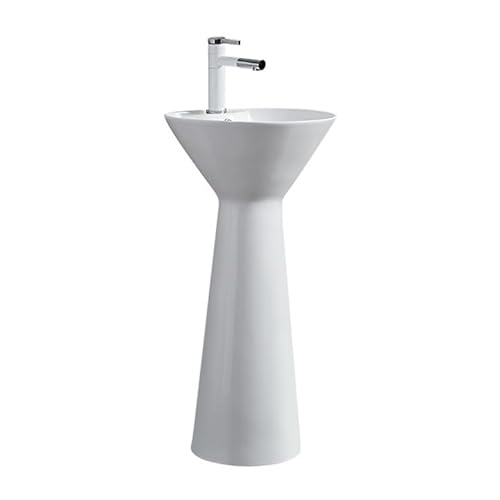 Moderno lavabo minimalista de cerámica blanca con pedestal – tocador de pie de una pieza con kit de drenaje y grifo, elegante lavabo de baño para espacios contemporáneos y baños pequeños