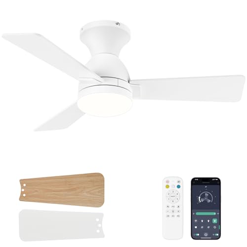 Dolavast Ceiling Fans with Lights and Remote, 36 Inch Ceiling Fan with Light, Low Profile, Reversible, Dimmable LED, Flush Mount, Quiet, DC Motor, White Ceiling Fan for Bedroom, Kitchen, Office