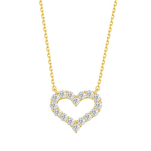 Carleen Yellow Gold Plated 925 Sterling Silver CZ Cubic Zirconia Open Heart Necklace Love Jelwelry Gift For Women Girls, 16+2 INCH