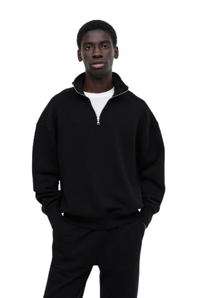 Solid Oversized Halfzipper Long Sleeves Fleece Hooded Neck Sweatshirt for Men's | Black, Medium