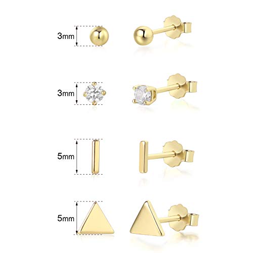 Sterling Silver Stud Earrings Set - 4 Pairs Small Ball, Triangle, Round CZ, Bar Studs - Hypoallergenic Cartilage 14K (3mm2&5mm2)3