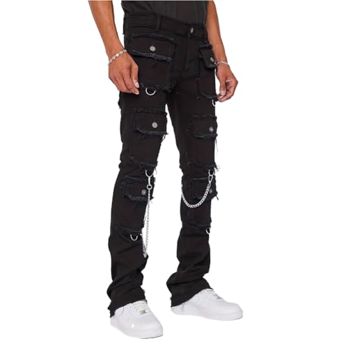 Straight Leg Cargo Jeans for Men Slim Fit Vintage Denim Pants with Multi Pockets