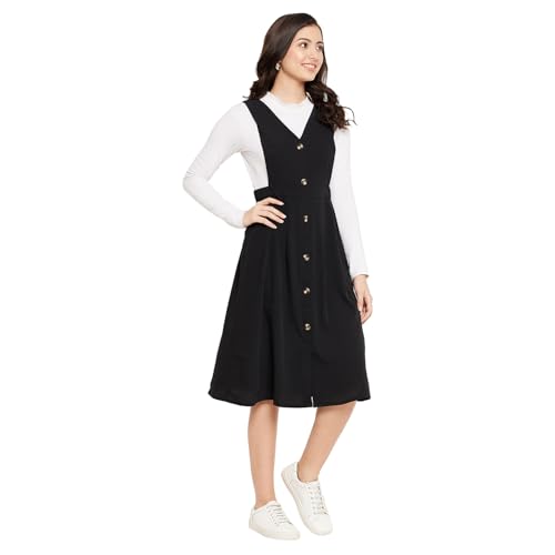 Image of WineRed Women Black Soild Pinafore Dress with Button