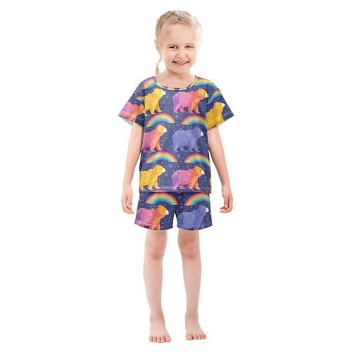 ALAZA Cartoon Bear Rainbow Pajamas Set Short Sleeve Cotton Sleepwear Summer Pjs 2 Piece 5-14Y3