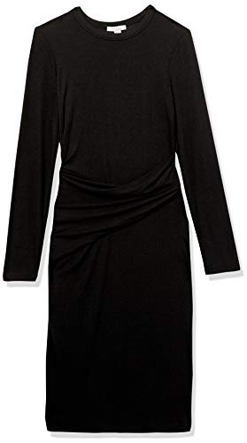 Daily Ritual Women's Fine Rib Long-Sleeve Crewneck Draped Dress, Black, Small - Image 5