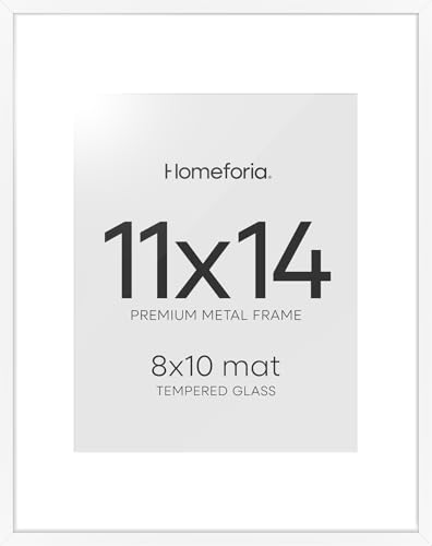 Image of Homeforia White 11x14 Picture Frame, High End Metal 11x14 Poster Frames with Mat 8x10, 11 x 14 White Frame Matted to 8 x 10 inch Photo, 11 by 14 Thin Hanging Frames, Tempered Glass, Wall Kit, Set of 1