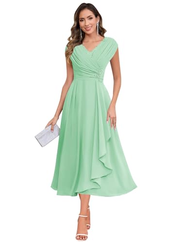 Image of SOLODISH Mother of the Bride Dresses for Wedding Tea Length Chiffon A Line Formal Wedding Guest Party Gown