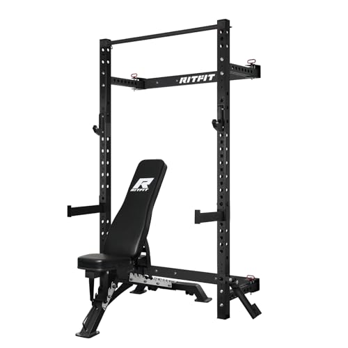 RitFit Multi-Functional Folding Squat Rack for Home Gym, 2.36'' x 2.36'' Wall Mounted Squat Rack with Attachments - Space Saving Squat Power Rack, Black