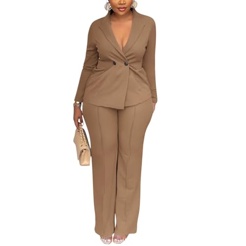 Kafiloe Women Double Breasted Blazer Pants Suit 2 Piece Outfits Casual Long Sleeve Blazer Set for Work Business2