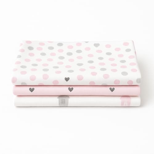 Kit 3 Cueiros Flanelados Dupla Face 100% Algodão – Estampados, Macios, Confortáveis p/Bebê, 80x50cm (Rosa/Branco)