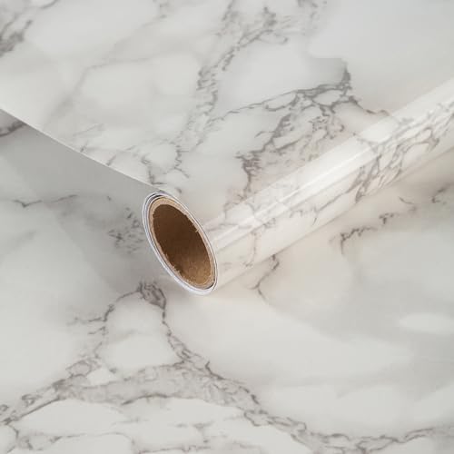 JSEVEM 80CM×4M Extra Wide Cream White Grey Marble Pattern Wallpaper Peel and Stick Waterproof White Gray Marble Contact Paper Vinyl Wrap Glossy Granite Wall Sticker for Bedroom Bathroom Living Room