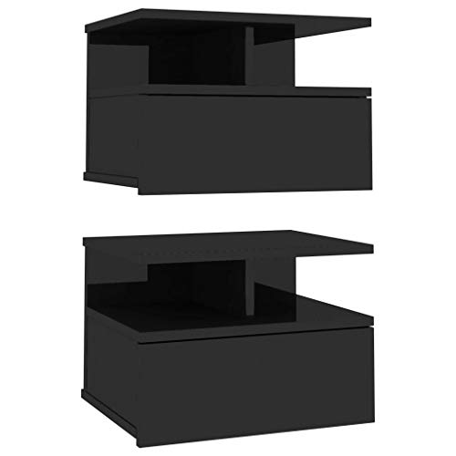 vidaXL 2X Mesitas Noche Flotantes Aglomerado Hogar Decoración Diseño Sencillo Elegantes Funcionales Prácticos Compactos Negro Brillante 40x31x27cm