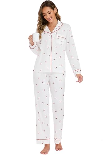 Image of LUBOT 100% Cotton Pajamas for Women Pajama Set 2 Piece PJ Sleepwear Set Soft Ladies Button Knit Long Sleeve Loungewear XS-XXL