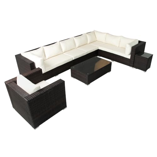 CONCEPT USINE | Salon de Jardin Panoramique 8 Places SALENTO 2 en Résine Tressée Marron | 2 Tables + Fauteuil | Coussins Blancs Déperlants Ultra Confort | Structure...