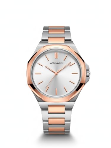 Image of AMERICANVIBER Modern Analog Watch, Silver and Black Two-Tone Stainless Steel Band, Octagonal Case, White Dial for Men