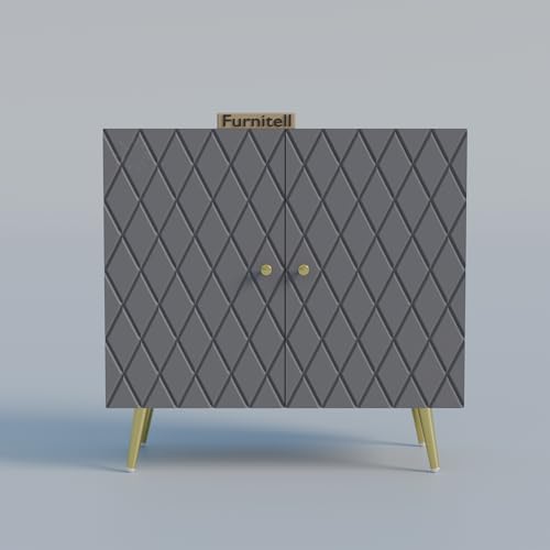 Image of Modern Wooden Storage Cabinet with 2 Doors | Geometric Design Sideboard /Cupboard for Living Room | Multipurpose Organizer for Bedroom & Entryway | HDMR Premium Wood | Gold Metal Legs(Grey)