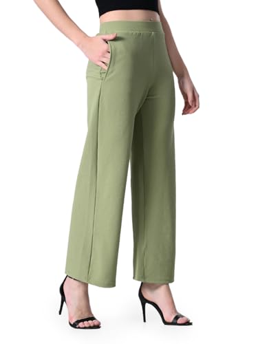 Image of Women's High Waist Straight Fit Trousers,Solid Korean Stretchable Pants for Women, Regular Fit Elastic Waist Full Length Formal Trouser,Casual,Office Wear