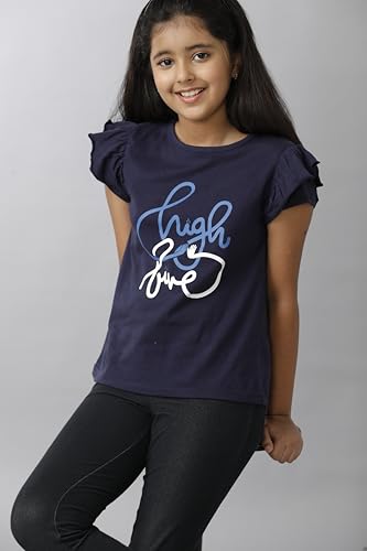 Image of Under Fourteen Only Girls Cotton Round Neck Full Sleeve Crop Top T-Shirt | Soft Jersey Fabric with Big Graphic Print | Stylish & Comfortable Casual Wear | Neavy (10-11 Years)
