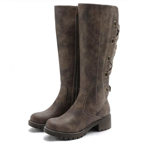 GLOBALWIN Women's Strappy Motorcycle Knee High Boots Brown Wide Calf Riding Boots Fall Winter Fashion Knee High Boots For Women 9.5M