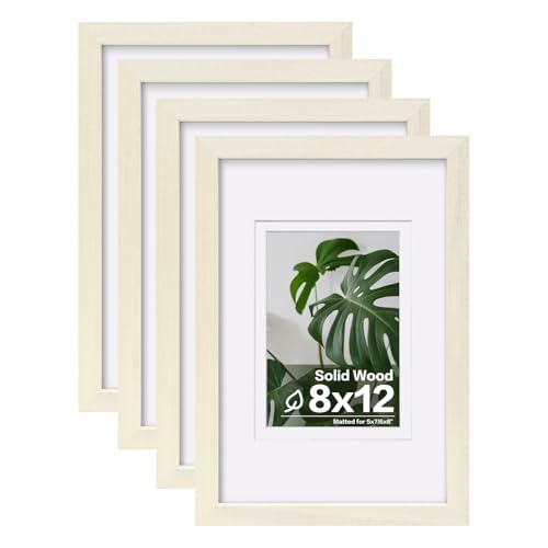 Egofine 8x12 Picture Frames Set of 4, Made of Solid Wood Covered by Plexiglass 5x7 and 6x8 with Mat or 8x12 without Mat, for Table Top Display and Wall Mounting Photo Frame Beige