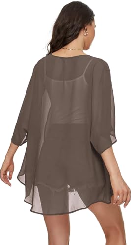 Image of Indian Trendy Women's Solid Puff Sleeve Kimono Cardigan Loose Cover Up Casual Blouse Top Chiffon