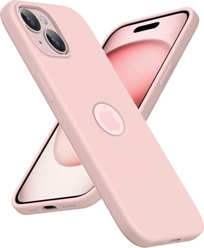 Image of VONZEE Microfiber Logo Cut Cover Compatible for iPhone 15 Plus Case Liquid Silicone Cases Full Body 4 Layer Protective Covers Shockproof Back Cover with High Raised Camera Lips (6.7 inch, Sand Pink)