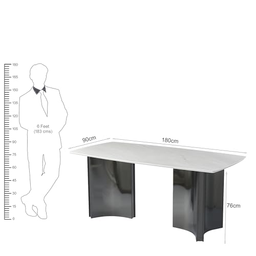Image of The Attic Modern Marble Dining Table, White Stone Top, Glossy Black Metal Base, 6 Seater Dining Table for Home & Office