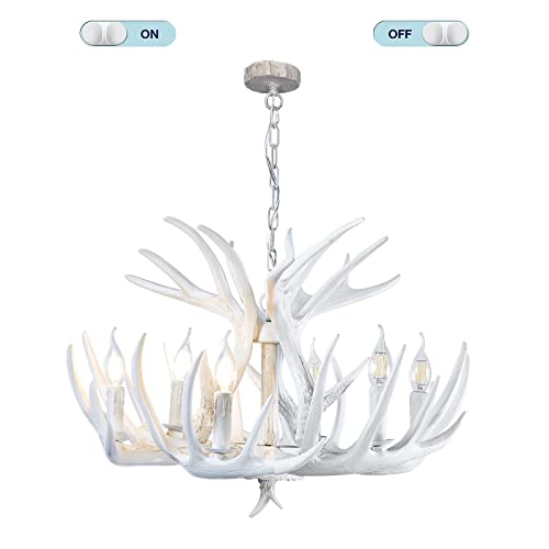 Bainuo White Antler Chandelier 6 Lights Faux Retro Deer Antler Chandelier Lighting American Country Style Antler Light Fixture Ceiling For Kitchen Dining Room Living Room Bar Cafe Cabin #TOP7