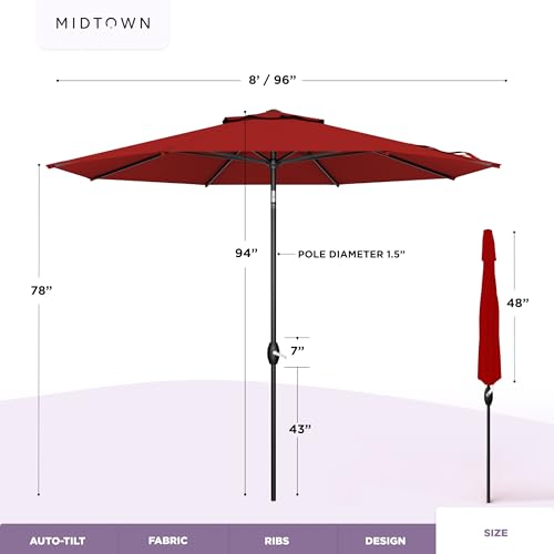 Image of Midtown Umbrellas - The Lean 8 Ft Patio Umbrella with 10-Year-No-Fade Acrylast Acrylic Fabric, Auto-Tilt and 8 Reinforced Ribs for Deck, Pool, Garden, Hotel & Cafes - Regatta Red Canopy, Black Pole