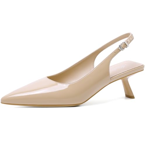 Image of Mostrin Kitten Heels for Women Pointed Toe Pumps Patent Leather Low Heel Slingback Heels with Buckle Dress Shoes for Dating Party Working