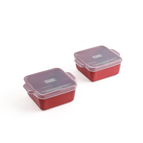 Image of Souper Cubes Stoneware 2.0-5" x 5" Baking Dishes for Oven, Made in USA, Premium Mini Ceramic Baking Dishes with Silicone Covers for Individual Portions, Set of 2 - Cranberry