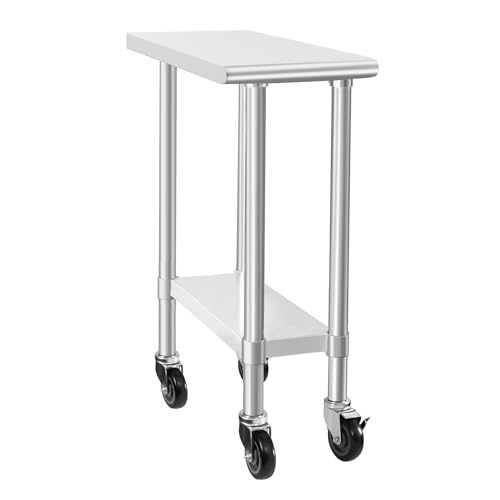Image of HARDURA Stainless Steel Commercial Table Prep & Work Table with Casters Heavy Duty Metal Table with Wheels NSF 430 30x12 Inches