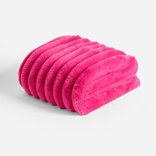 OHS Fleece Throw Blanket for Sofa, Soft Warm Jumbo Faux Fur Fleece Blanket for Bed Stylish Ribbed Single Throw Fluffy Cosy Large Throw Over Sofas, Bright Pink - 120 x 150cm