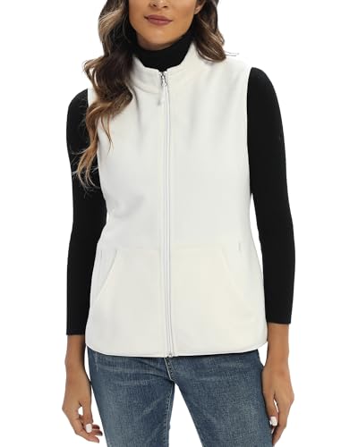 Argstar Women's Polar Fleece Vest with Pockets, Soft Lightweight Sleeveless Classic Fit Outerwear Full-Zip Casual Gilet White M