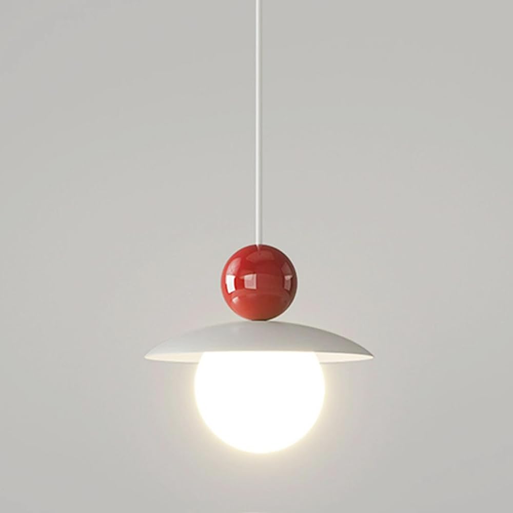 KXEcoLife Cream Style Pendant Light, White Spherical Hanging Lamp, Metal Suspension Lamps with Acrylic Lampshade, Led Lighting Fixtures, Children's Room Decorative Drop Lights/Red