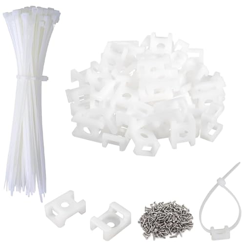 60 Set White Cable Zip Tie Mounts Kit,Wire Cable Clips Organizer Holders Clamps?Cable Zip Tie Saddle Type Mounts Base with 8