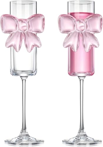 MYNA LIFE 2 Pcs Cute Pink Bow Glass Cups 190 ml Coquette Champagne Fashioned Glasses Clear Reinforced Stems and Romantic Pink Bow for Weddings Engagements Party Gifts