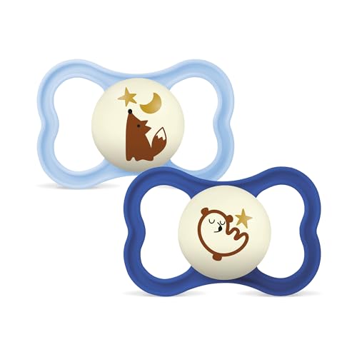 MAM Chupete con Escudo Ventilado, Brilla en la Oscuridad, a Partir de 16 Meses, Tetina Extra Delgada y Flexible de Silicona Fácil Aceptación, con Caja Autoesterilizadora, MAM Supreme, Azul Mate, 2uds