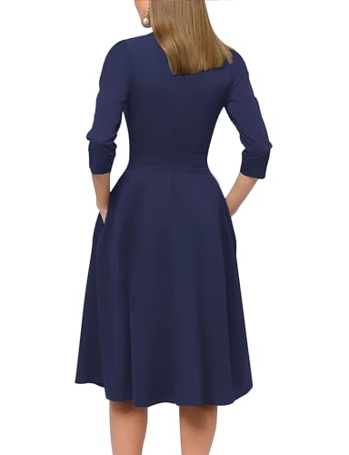 Image of Simple Flavor Womens Floral Vintage Midi Dress 3 /4 Sleeve | with pockets, Fit and flare aline, Knee-length, Church, Semi-formal, Wedding guest, Retro tea party & derby outfits