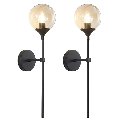 Image of KCO Lighting Mid Century Modern 1-Light Wall Sconce Lighting Set of Two Matte Black Globe Vanity Wall Light Fixture Set of 2 Amber Glass Bathroom Wall Lamp Industrial Long Pole Wall Sconce