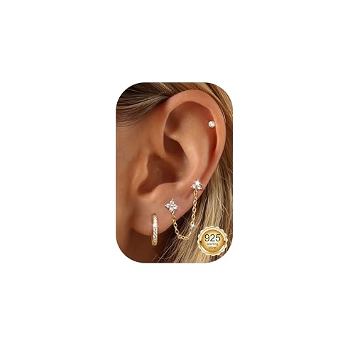 ADRAMATA 4 Pares Pendientes Mujer Plata de Ley 925 - Chapada en Oro de 14K Pendientes Aro con Cadena Hipoalergénico Conch Tragus Piercing Oreja Cartílago Helix Piercing Joyería
