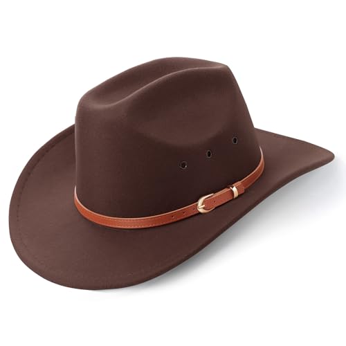 Image of DRESHOW Cowboy Hat for Women and Men Western Felt Cowboy Cowgirl Hat Wide Brim Belt Buckle Retro Fedora Hats Unisex Caps