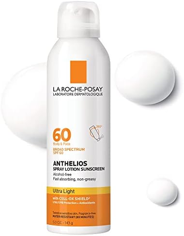 La Roche-Posay Anthelios Ultra-Light Sunscreen Spray Lotion SPF 60, Spray Sunscreen For Face & Body, Broad Spectrum SPF + Antioxidants, Oil Free, Alcohol Free, Water Resistant 80 Min., 5 Fl. Oz.