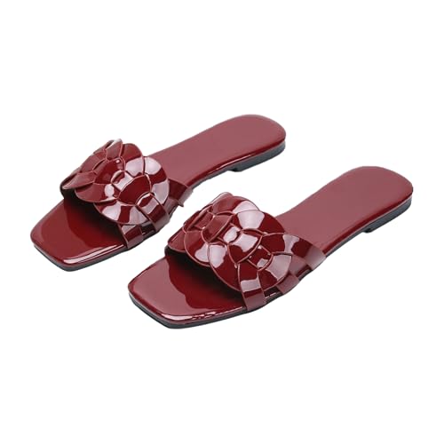 Women's Wine Red Patent Leather Flat Sandals,Summer Square Open Toe Fashion Woven Wide Single Band Dressy Beach Slides