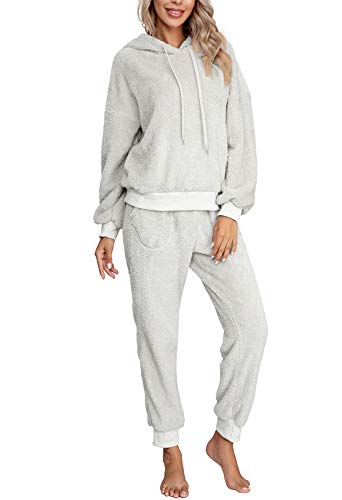LOV ANNY Women's Sherpa Tracksuits Set Sweatshirt Oversized Hoodies Light Grey M