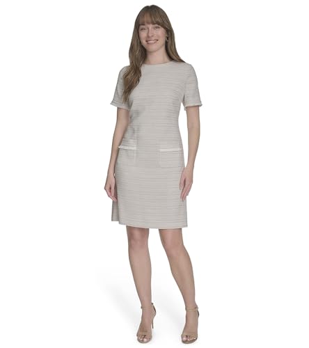 Image of Tommy Hilfiger Women's Pleated Trim Short Sleeve High Neck Shift Mini Dress